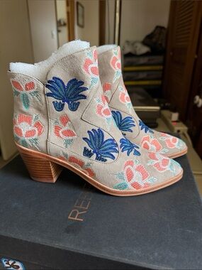 Rebecca Minkoff Taupe Suede Ankle Boots with Blue & Coral Embroidery